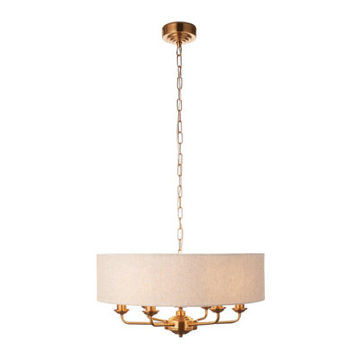 Stylish Vintage Brass 6-Light Pendant Light with Natural Linen Shade