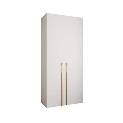 Stylish White Como 3 Hinged Door Wardrobe H2460mm W1100mm D500mm, Two Doors, Eight Shelves, Hanging Rail, Gold Vertical Handles