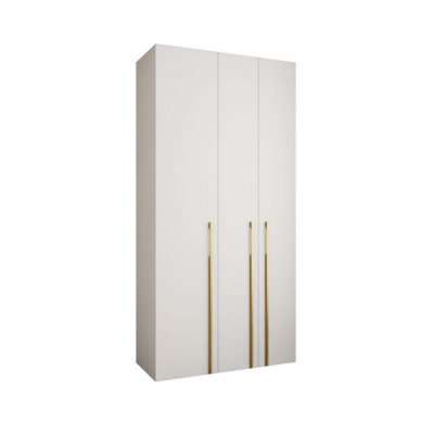 Stylish White Como 3 Hinged Door Wardrobe H2460mm W1200mm D500mm, Three Doors, Eight Shelves, Hanging Rail, Gold Vertical Handles