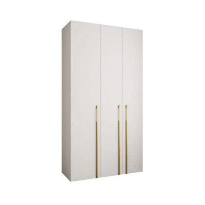 Stylish White Como 3 Hinged Door Wardrobe H2460mm W1300mm D500mm, Three Doors, Eight Shelves, Hanging Rail, Gold Vertical Handles