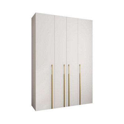 Stylish White Como 3 Hinged Door Wardrobe H2460mm W1700mm D500mm, Four Doors, Sixteen Shelves, Two Hanging Rails, Gold Handles