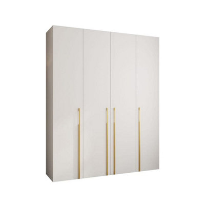 Stylish White Como 3 Hinged Door Wardrobe H2460mm W2000mm D500mm, Four Doors, Sixteen Shelves, Two Hanging Rails, Gold Handles