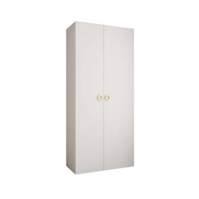 Stylish White Como I Hinged Door Wardrobe H2460mm W1100mm D500mm, Eight Shelves, Hanging Rail, Gold Handles