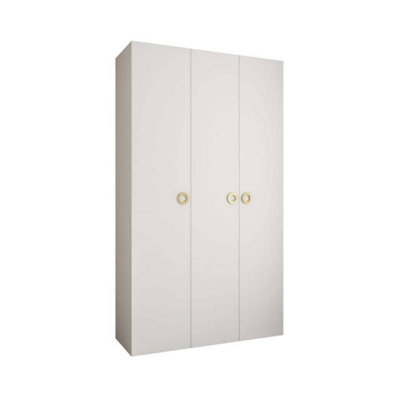 Stylish White Como I Hinged Door Wardrobe H2460mm W1400mm D500mm, Three Doors, Eleven Shelves, Two Hanging Rails, Gold Handles