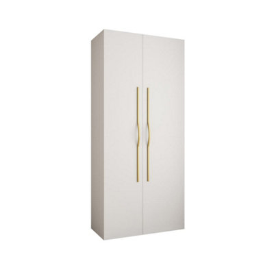 Stylish White Como II Hinged Door Wardrobe H2460mm W1100mm D500mm, Two Doors, Eight Shelves, One Hanging Rail, Gold Handles