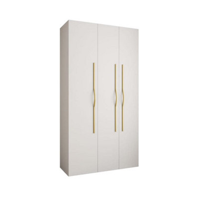 Stylish White Como II Hinged Door Wardrobe H2460mm W1300mm D500mm, Three Doors, Eight Shelves, One Hanging Rail, Gold Handles