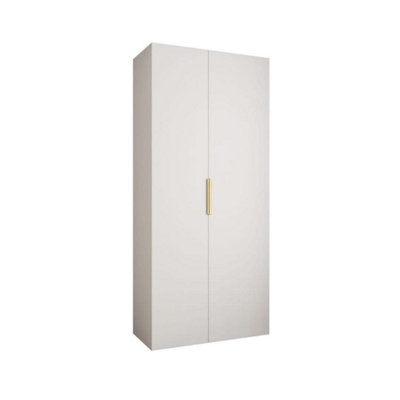 Stylish White Como IV Hinged Door Wardrobe H2460mm W1100mm D500mm, Two Doors, Eight Shelves, Hanging Rail, Gold Handles