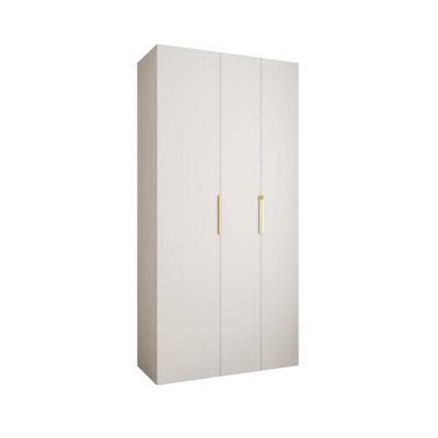 Stylish White Como IV Hinged Door Wardrobe H2460mm W1200mm D500mm, Three Doors, Eight Shelves, Hanging Rail, Gold Handles