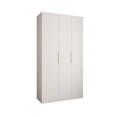 Stylish White Como IV Hinged Door Wardrobe H2460mm W1300mm D500mm, Three Doors, Eight Shelves, Hanging Rail, Gold Handles