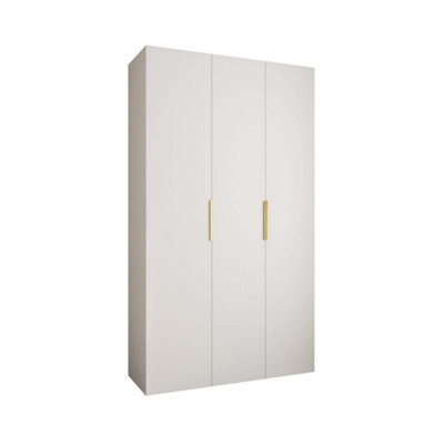 Stylish White Como IV Hinged Door Wardrobe H2460mm W1400mm D500mm, Three Doors, Eleven Shelves, Two Hanging Rails, Gold Handles