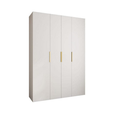 Stylish White Como IV Hinged Door Wardrobe H2460mm W1700mm D500mm, Four Doors, Sixteen Shelves, Two Hanging Rails, Gold Handles