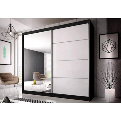 Stylish White Gloss Front & Black Matt Wardrobe W203cm H218cm D61cm with Mirrored Sliding Doors