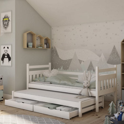 Stylish wooden double bed with trundle and storage in white (H)850mm (W)1980mm (D)970mm. 