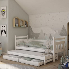 Stylish wooden double bed with trundle and storage in white (H)850mm (W)1980mm (D)970mm. 