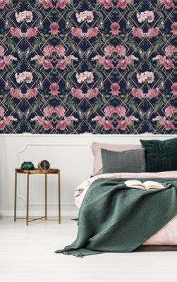 Sublime Botanical Trellis Navy / Pink Wallpaper | DIY at B&Q