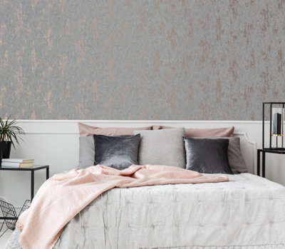 Sublime Distressed Texture Grey / Rose Gold Wallpaper