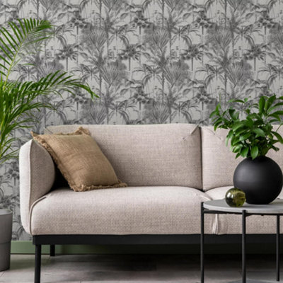 Sublime Jungle Texture Mono Black Trees Wallpaper DIY at B&Q