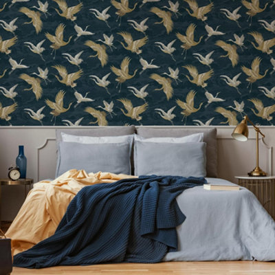 Sublime Kranes Petrol Blue Animal Wallpaper