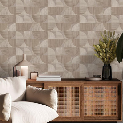 Sublime Wood Round Shapes Brown Wallpaper | DIY at B&Q