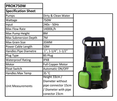 Submersible Water Pump Electric 750W with 15m Layflat Hose for Clean or Dirty Water - 8