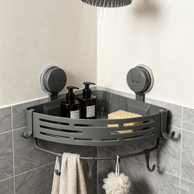 Suction Cup Corner Shower Caddy, No Drill, 1 Tier, Gray ABS, With Hooks ...