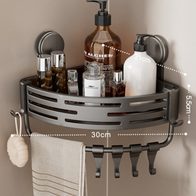 Suction Cup Corner Shower Caddy, No Drill, 1 Tier, Gray ABS, With Hooks ...