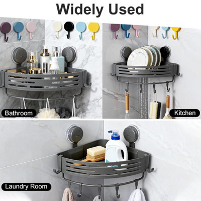Suction Cup Corner Shower Caddy, No Drill, 1 Tier, Gray ABS, With Hooks ...