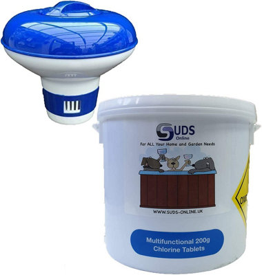 SUDS-ONLINE 5kg Multifunctional Chlorine Tablets 200g Swimming Pool Chemicals + Large Floating Dispenser