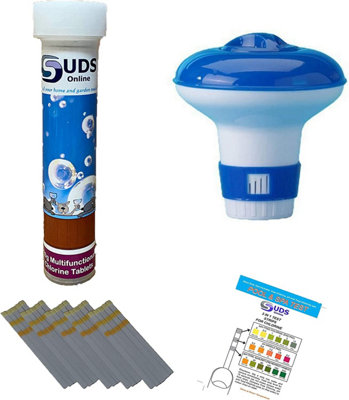 SUDS-ONLINE Small Dispenser with 10 Multifunctional Chlorine Tablets 20g + Test Strips