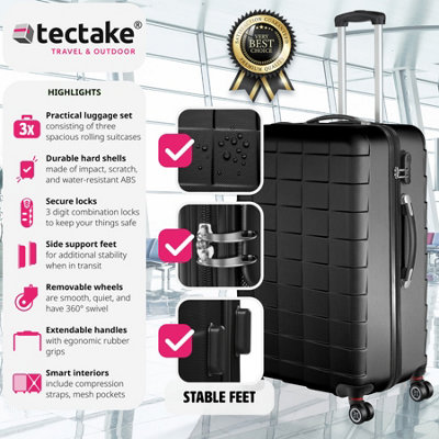 Suitcase Set - 3 hard-shell suitcases with telescopic handle, removable wheels  -  black