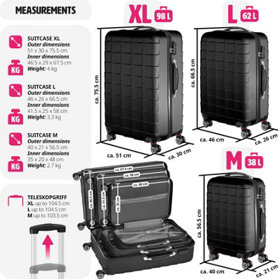 Suitcase Set - 3 hard-shell suitcases with telescopic handle, removable wheels  -  black