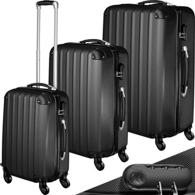 Suitcase Set - 3 hard-shell suitcases with telescopic handle, swivel wheels  -  black