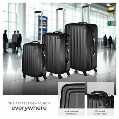 Suitcase Set - 3 hard-shell suitcases with telescopic handle, swivel wheels  -  black