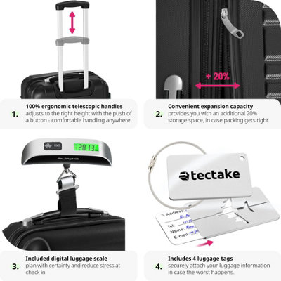 Suitcase Set Mila - 4 hard-shell cases made of robust ABS plastic including luggage scales and tags - black