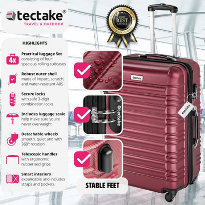 Suitcase Set Mila - 4 hard-shell cases made of robust ABS plastic including luggage scales and tags - burgundy