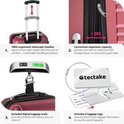 Suitcase Set Mila - 4 hard-shell cases made of robust ABS plastic including luggage scales and tags - burgundy