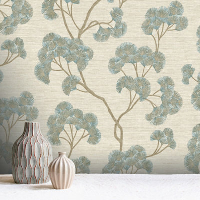 Sumatra Ginkgo Leaf Teal Wallpaper