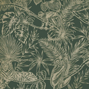 Sumatran Green & Gold Monkey & Tigers Exotic Tropical Wallpaper 65761
