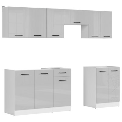 Summer 7 Unit Kitchen Cabinets Set 240cm - Light Grey Gloss