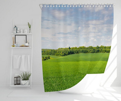 Summer landscape with hilly green field and forest in the distance (Shower Curtain) / Default Title Price Comparisons | Compare The Build