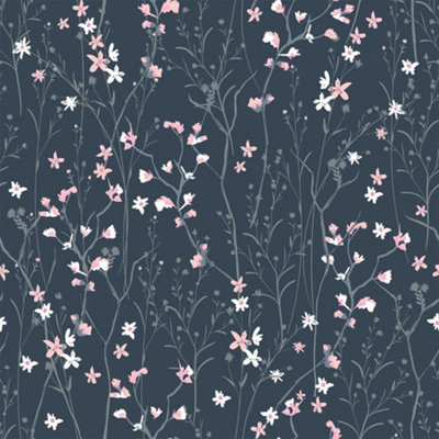 Summer Meadow Wallpaper In Navy And Pink