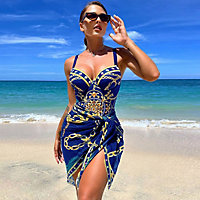 Summer Swimsuit Wrap Skirt Two-Piece Set Blue XL