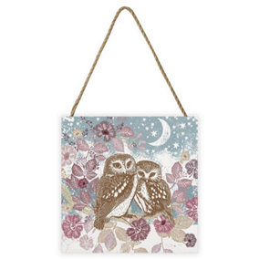 Summer Thornton Woodland Nature Owl Wooden Block Grey/White/Brown/Pink (20cm x 20cm)