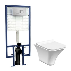 Summit Rimless Wall Hung Toilet Pan, Soft Close Seat & Concealed Cistern with Square Push Button Plate, 355mm  - Balterley