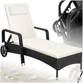 Sun Lounger - 6-position backrest, weather & UV-resistant, soft pillow, two wheels - black/beige