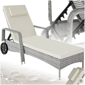 Sun Lounger - 6-position backrest, weather & UV-resistant, soft pillow, two wheels - light grey/cream