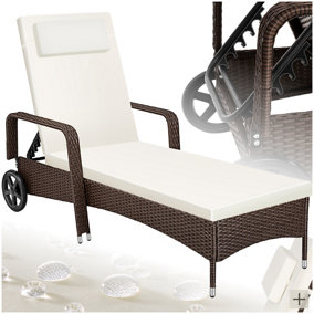 Sun Lounger - 6-position backrest, weather & UV-resistant, soft pillow, two wheels - mixed brown
