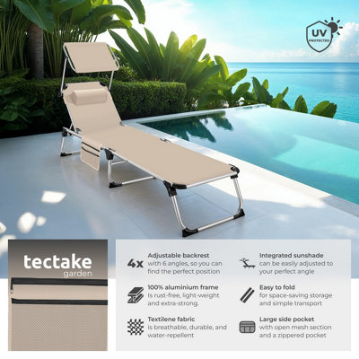Sun Lounger Aurelie - foldable with headrest, 6 position backrest - beige