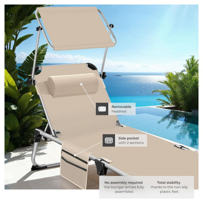 Sun Lounger Aurelie - foldable with headrest, 6 position backrest - beige