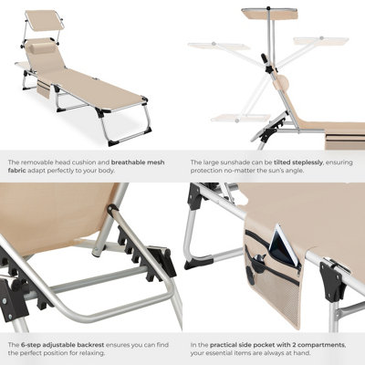 Sun Lounger Aurelie - foldable with headrest, 6 position backrest - beige